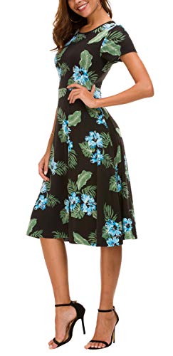 Vestido Estampado Floral de Mujer Cintura Alta Vestido a Media Pierna Manga Corta (L, 2)