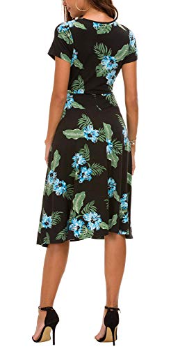 Vestido Estampado Floral de Mujer Cintura Alta Vestido a Media Pierna Manga Corta (L, 2)