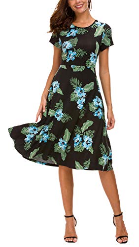 Vestido Estampado Floral de Mujer Cintura Alta Vestido a Media Pierna Manga Corta (L, 2)