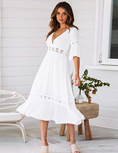 Vestido Mujer Bohemio Largo Verano Playa Fiesta Floral Manga Larga Cuello en V Maxi Vestidos Cóctel Falda Larga Vestido Swing (Blanco, x_l)