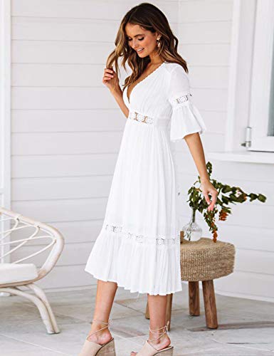 Vestido Mujer Bohemio Largo Verano Playa Fiesta Floral Manga Larga Cuello en V Maxi Vestidos Cóctel Falda Larga Vestido Swing (Blanco, x_l)
