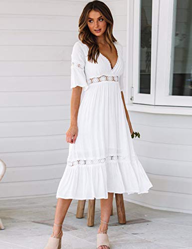 Vestido Mujer Bohemio Largo Verano Playa Fiesta Floral Manga Larga Cuello en V Maxi Vestidos Cóctel Falda Larga Vestido Swing (Blanco, x_l)