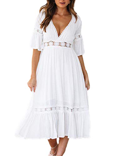 Vestido Mujer Bohemio Largo Verano Playa Fiesta Floral Manga Larga Cuello en V Maxi Vestidos Cóctel Falda Larga Vestido Swing (Blanco, x_l)