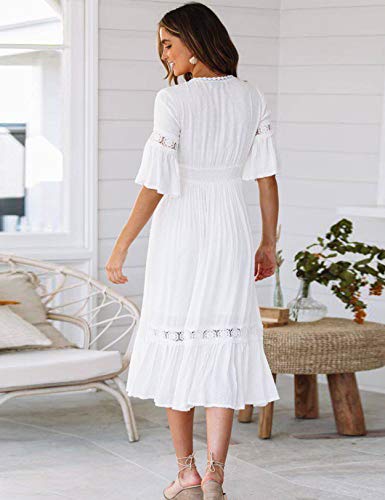 Vestido Mujer Bohemio Largo Verano Playa Fiesta Floral Manga Larga Cuello en V Maxi Vestidos Cóctel Falda Larga Vestido Swing (Blanco, x_l)