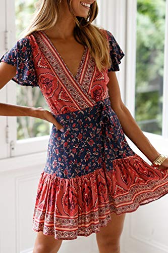Vestidos Mujer Bohemio Corto Florales Verano Playa Fiesta Vestido Casual Magas Cortas Cuello en V Noche Playa Vacaciones 10 S