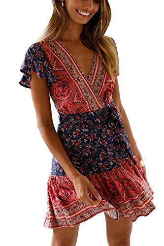 Vestidos Mujer Bohemio Corto Florales Verano Playa Fiesta Vestido Casual Magas Cortas Cuello en V Noche Playa Vacaciones 10 S
