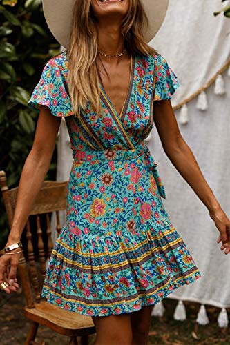Vestidos Mujer Bohemio Corto Florales Verano Playa Fiesta Vestido Casual Magas Cortas Cuello en V Noche Playa Vacaciones 2 XL