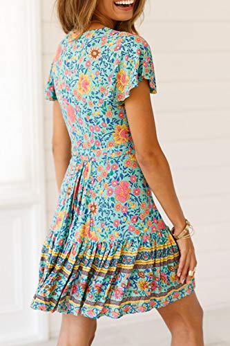 Vestidos Mujer Bohemio Corto Florales Verano Playa Fiesta Vestido Casual Magas Cortas Cuello en V Noche Playa Vacaciones 2 XL