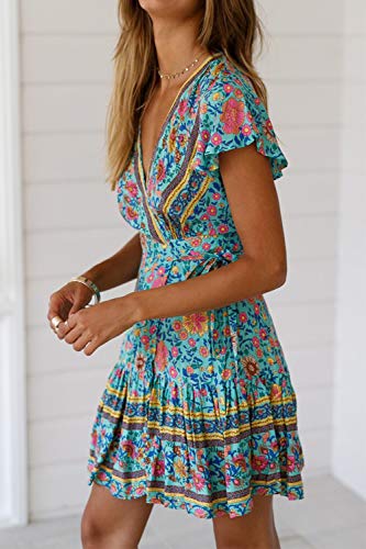 Vestidos Mujer Bohemio Corto Florales Verano Playa Fiesta Vestido Casual Magas Cortas Cuello en V Noche Playa Vacaciones 2 XL