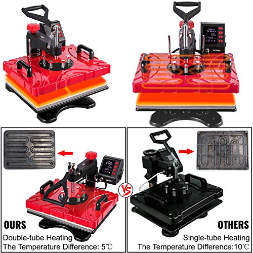 VEVOR Prensa de Calor Multifuncional Roja 8 en 1 Máquina de Sublimación 1.000 W 29 x 38 cm Prensa de Calor Profesional para Sublimación de Camisetas, Diseño Giratorio de 360°, con Accesorios