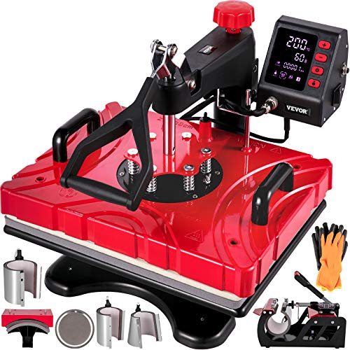 VEVOR Prensa de Calor Multifuncional Roja 8 en 1 Máquina de Sublimación 1.000 W 29 x 38 cm Prensa de Calor Profesional para Sublimación de Camisetas, Diseño Giratorio de 360°, con Accesorios
