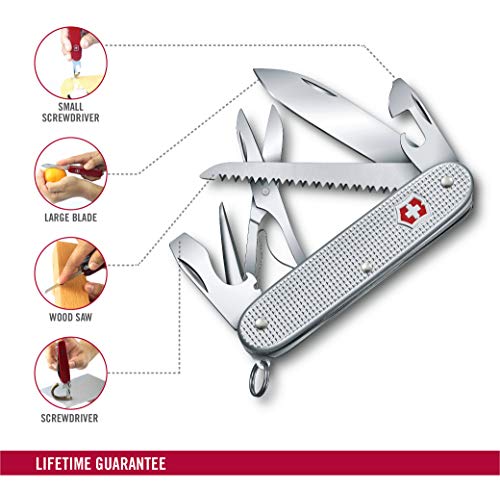 Victorinox Farmer X Alox Navaja con 10 funciones, incluyendo hoja grande, sierra para madera y tijeras, de color plateado