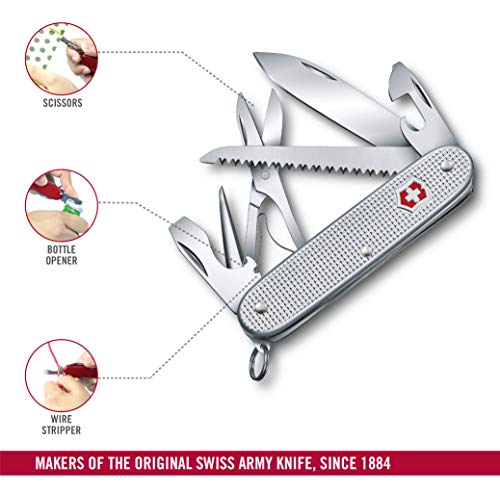 Victorinox Farmer X Alox Navaja con 10 funciones, incluyendo hoja grande, sierra para madera y tijeras, de color plateado