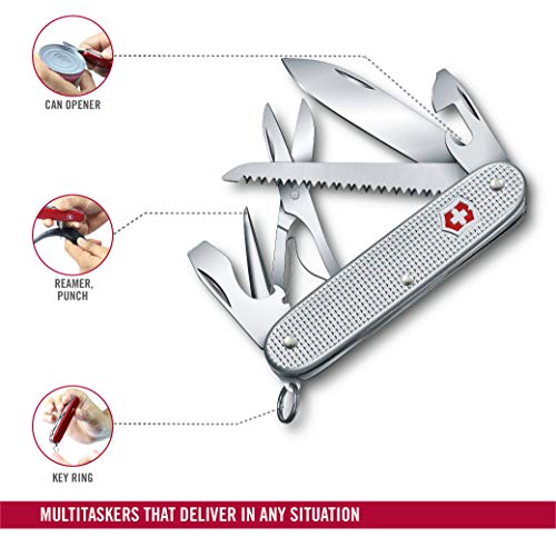 Victorinox Farmer X Alox Navaja con 10 funciones, incluyendo hoja grande, sierra para madera y tijeras, de color plateado