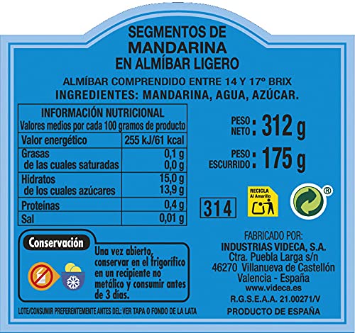 VIDECA - Mandarina segmentos en almibar ligero 6x312g.