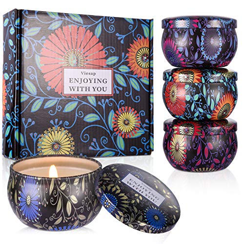 Viesap Velas Aromaticas, 4pcs Cera de Soja 100% Natural, Vela Aromática Caja de Regalo, Mujer Velas Perfumadas, Aromaterapia Relajación Baño Yoga Acción de Gracias Navidad Día de San Valentín Regalos