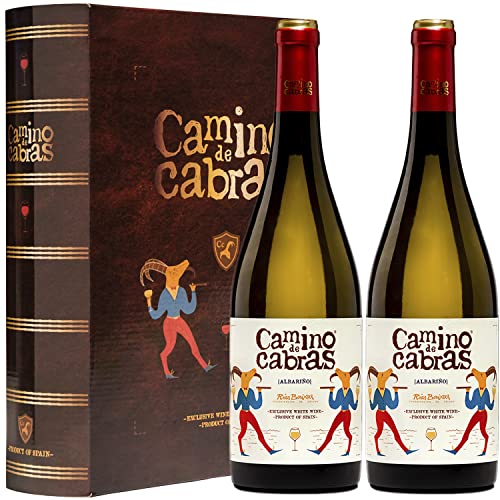 Vino Blanco Albariño Rías Baixas |Vinos buenos para Regalar | Estuche Vino Gallego | Producto Gourmet | Pack Regalo Vino | 2 Botellas x 750 ml CAMINO DE CABRAS | Regalo original Hombre & Mujer