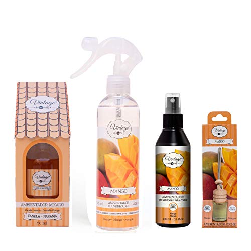 VINTAGE PARFUM. Pack de ambientación para Coche y hogar. con Fragancia a Mango y Canela-Naranja (Mikado, Pulverizable para casa, Colgante Coche, Pulverizable Auto).