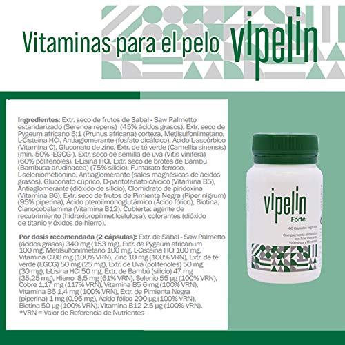 VIPELÍN FORTE | Vitaminas para el pelo, tratamiento caída del cabello | Específico para hombre | Ingredientes 100% naturales | FABRICADO EN ESPAÑA