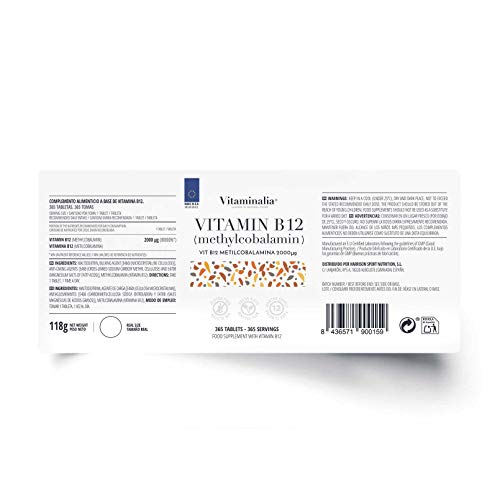 Vitamina b12 2000mg veganas de Vitaminalia | Dosis Alta de Metilcobalamina | Suplementos b12 para reducir el cansancio | Sin Gluten, Sin Lactosa, Sin OMG, 365 Tabletas
