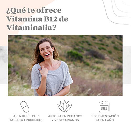 Vitamina b12 2000mg veganas de Vitaminalia | Dosis Alta de Metilcobalamina | Suplementos b12 para reducir el cansancio | Sin Gluten, Sin Lactosa, Sin OMG, 365 Tabletas