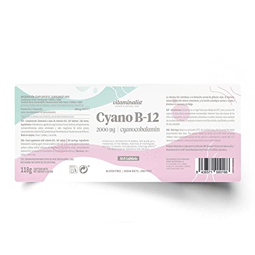Vitamina B12 de Vitaminalia | Cianocobalamina 2000 mcg | Suministro para 1 Año (12 Meses) | Suplemento para Veganos y Vegetarianos | Vegano, Sin Gluten, Sin Lactosa, 365 Tabletas