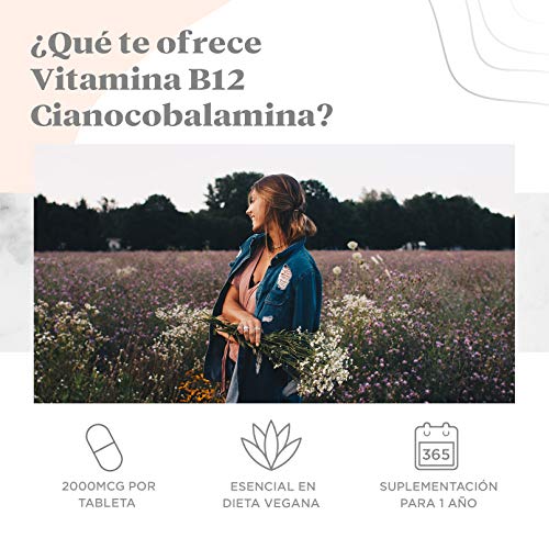 Vitamina B12 de Vitaminalia | Cianocobalamina 2000 mcg | Suministro para 1 Año (12 Meses) | Suplemento para Veganos y Vegetarianos | Vegano, Sin Gluten, Sin Lactosa, 365 Tabletas