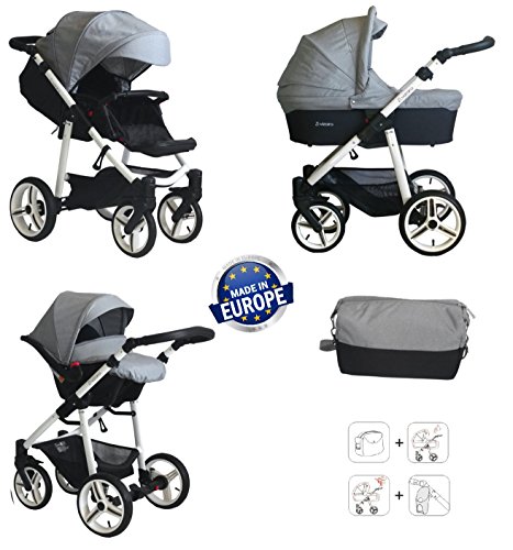 Vizaro ONYX 2022 Trío 3 en 1 - Carrito Bebé GAMA ALTA - MARCA ESPAÑOLA - Ligero y funcional - Garantía 3 Años - Textil GRIS Chasis BLANCO