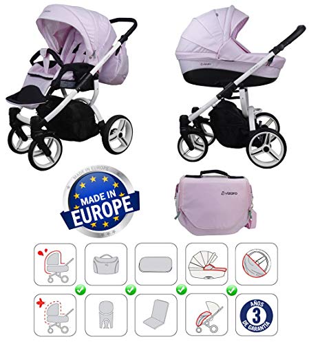 Vizaro PEARL 2022 DÚO 2 en 1 - Carrito Bebé GAMA ALTA - MARCA ESPAÑOLA - Muy Elegante - Garantía 3 Años - Textil ROSA PÉTALO Chasis BLANCO