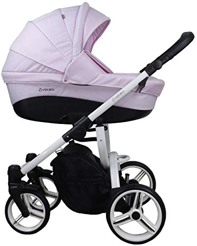 Vizaro PEARL 2022 DÚO 2 en 1 - Carrito Bebé GAMA ALTA - MARCA ESPAÑOLA - Muy Elegante - Garantía 3 Años - Textil ROSA PÉTALO Chasis BLANCO