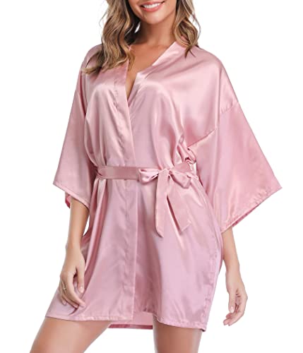 Vlazom Bata Mujer Verano Corto y Sexy, Kimono Mujer Vestir de Satén de Manga 3/4, Batas Novia Boda de Seda con Cinturón,S,Rosado