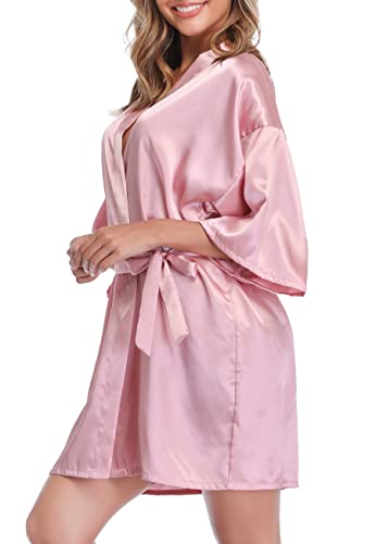 Vlazom Bata Mujer Verano Corto y Sexy, Kimono Mujer Vestir de Satén de Manga 3/4, Batas Novia Boda de Seda con Cinturón,S,Rosado