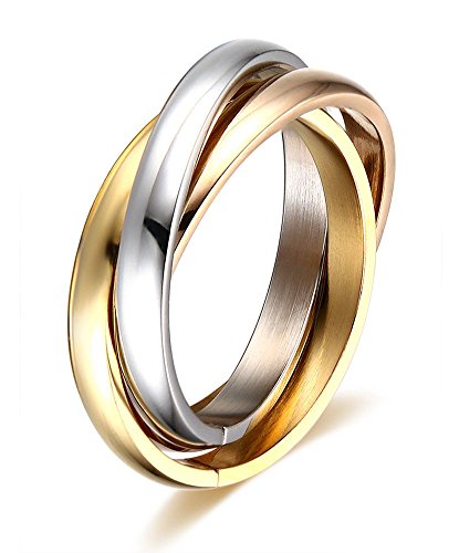 VNOX Acero Inoxidable Tri Color Oro,Rosa,Tono de Plata Bloqueado Anillo de Banda de Boda para Las Mujeres