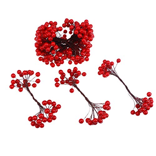 Vosarea 400 Pcs Elliptical Artificial Holly Berries on Wire for Christmas Decoration Floral Arrangement Wreaths and Holiday Decorations(Red)
