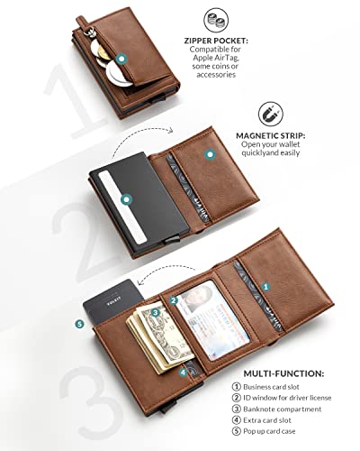 VULKIT Tarjetero RFID Bloqueo Cartera Tarjetero Hombre de Cuero Flip para Billetes y Monedas Tarjeteros para Tarjetas de Credito Automático Pop Up - Marrón
