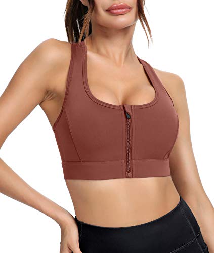 VUTRU Sujetador Deportivo Mujer Cremallera Frontal Sujetador Deportivo Alto Impacto Sujetador Mujer Sin Aros para Fitness Correr Yoga Gimnasio Marrón L