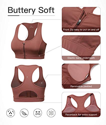 VUTRU Sujetador Deportivo Mujer Cremallera Frontal Sujetador Deportivo Alto Impacto Sujetador Mujer Sin Aros para Fitness Correr Yoga Gimnasio Marrón L