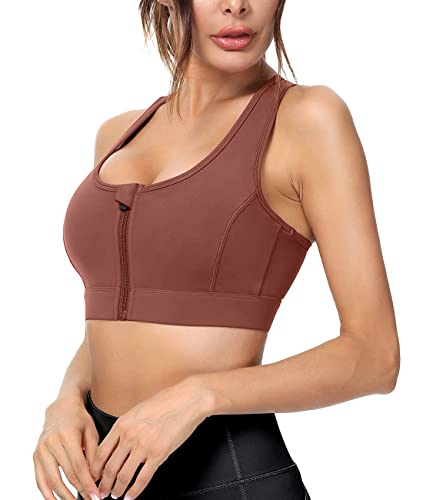 VUTRU Sujetador Deportivo Mujer Cremallera Frontal Sujetador Deportivo Alto Impacto Sujetador Mujer Sin Aros para Fitness Correr Yoga Gimnasio Marrón L