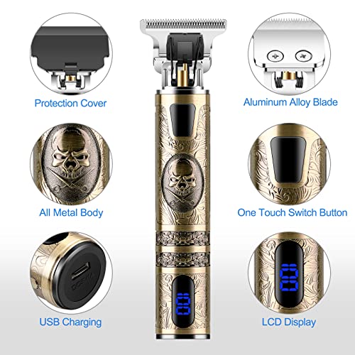 WANFEI Cortadora de Cabello Eléctrica, Cortadora de Cabello Profesional Inalámbrica Recortadora de Barba Recargable USB T-Blade Pantalla Led para Hombres Peluquería