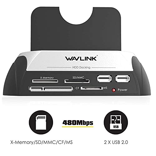 WAVLINK Base de Conexion USB 2.0 a SATA, Docking Station del Disco Duro, para HDD y SSD de 2.5'' y 3.5'', con 2 USB 2.0 y Lector de Tarjetas TF / SD / MS.