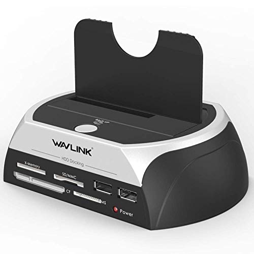 WAVLINK Base de Conexion USB 2.0 a SATA, Docking Station del Disco Duro, para HDD y SSD de 2.5'' y 3.5'', con 2 USB 2.0 y Lector de Tarjetas TF / SD / MS.