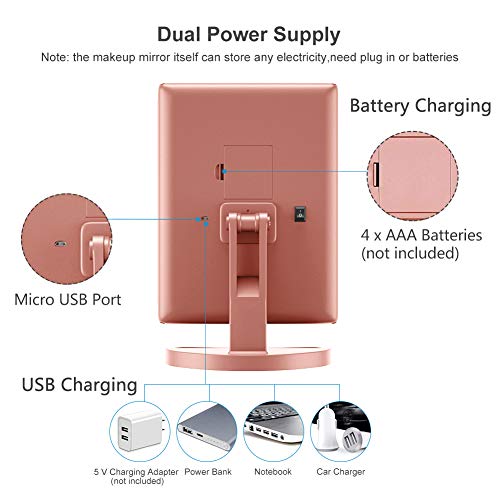 WEILY Espejo Maquillaje, Espejo Cosmético,Luz Ajustable con LED, con la ampliación 1X/2X/3X, Rotación Ajustable de 180 °, Fuente de alimentación Doble, Espejo cosmético encimera (Oro Rosa)