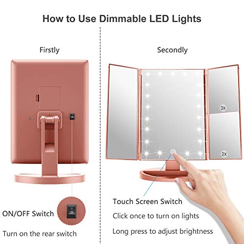 WEILY Espejo Maquillaje, Espejo Cosmético,Luz Ajustable con LED, con la ampliación 1X/2X/3X, Rotación Ajustable de 180 °, Fuente de alimentación Doble, Espejo cosmético encimera (Oro Rosa)