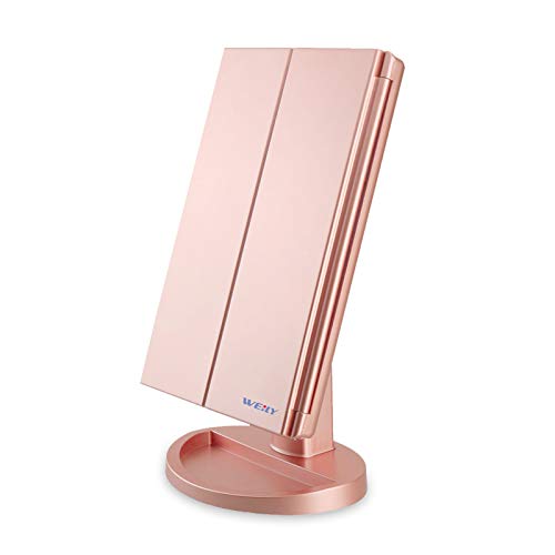 WEILY Espejo Maquillaje, Espejo Cosmético,Luz Ajustable con LED, con la ampliación 1X/2X/3X, Rotación Ajustable de 180 °, Fuente de alimentación Doble, Espejo cosmético encimera (Oro Rosa)