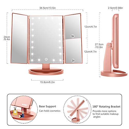 WEILY Espejo Maquillaje, Espejo Cosmético,Luz Ajustable con LED, con la ampliación 1X/2X/3X, Rotación Ajustable de 180 °, Fuente de alimentación Doble, Espejo cosmético encimera (Oro Rosa)