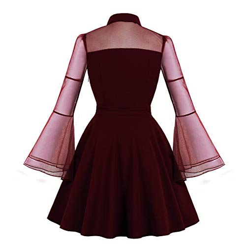 Wellwits - Vestido de cóctel para mujer, con mangas acampanadas, con abertura de malla, para mujer - Rojo - 34-36