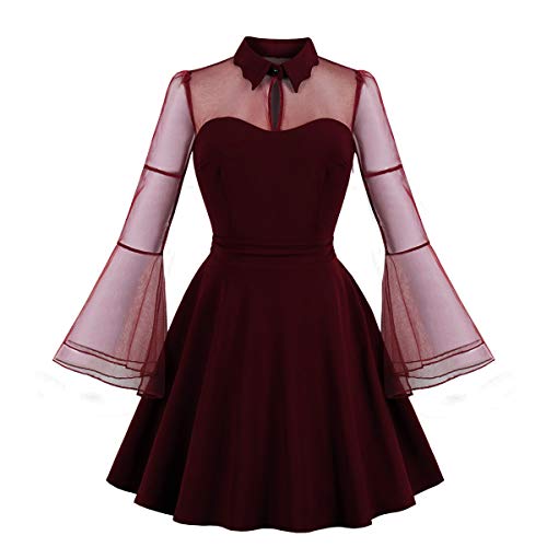 Wellwits - Vestido de cóctel para mujer, con mangas acampanadas, con abertura de malla, para mujer - Rojo - 34-36