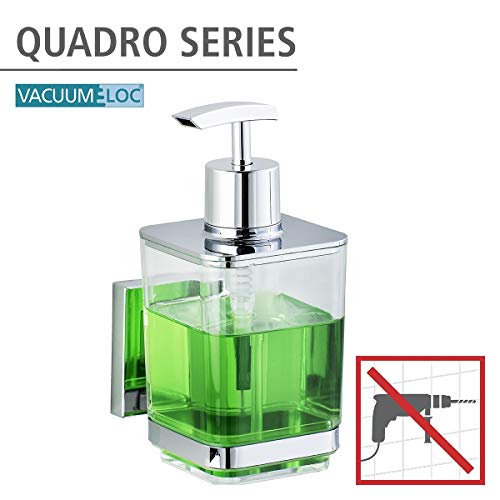 WENKO Vacuum-Loc® dosificador de jabón de acero fino Quadro Capacidad: 0.34 l, Acero inoxidable, 7.5 x 16 x 10 cm, Brillante