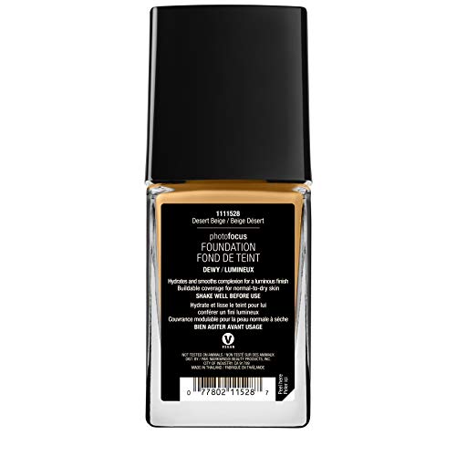Wet n Wild - Photo Focus Foundation DEWY - Base Ligera, Hidratante y Supernutritiva para Pieles Normales y Secas - Atenúa las Imperfecciones y Minimiza los Poros - Vegano - Desert Beige - 1 Unidad