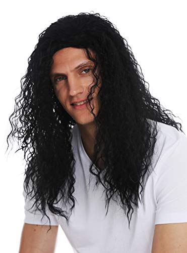 WIG ME UP- VK-33-1 Peluca para hombres pelo largo rizado negro raya hardrock heavy metal latin lover